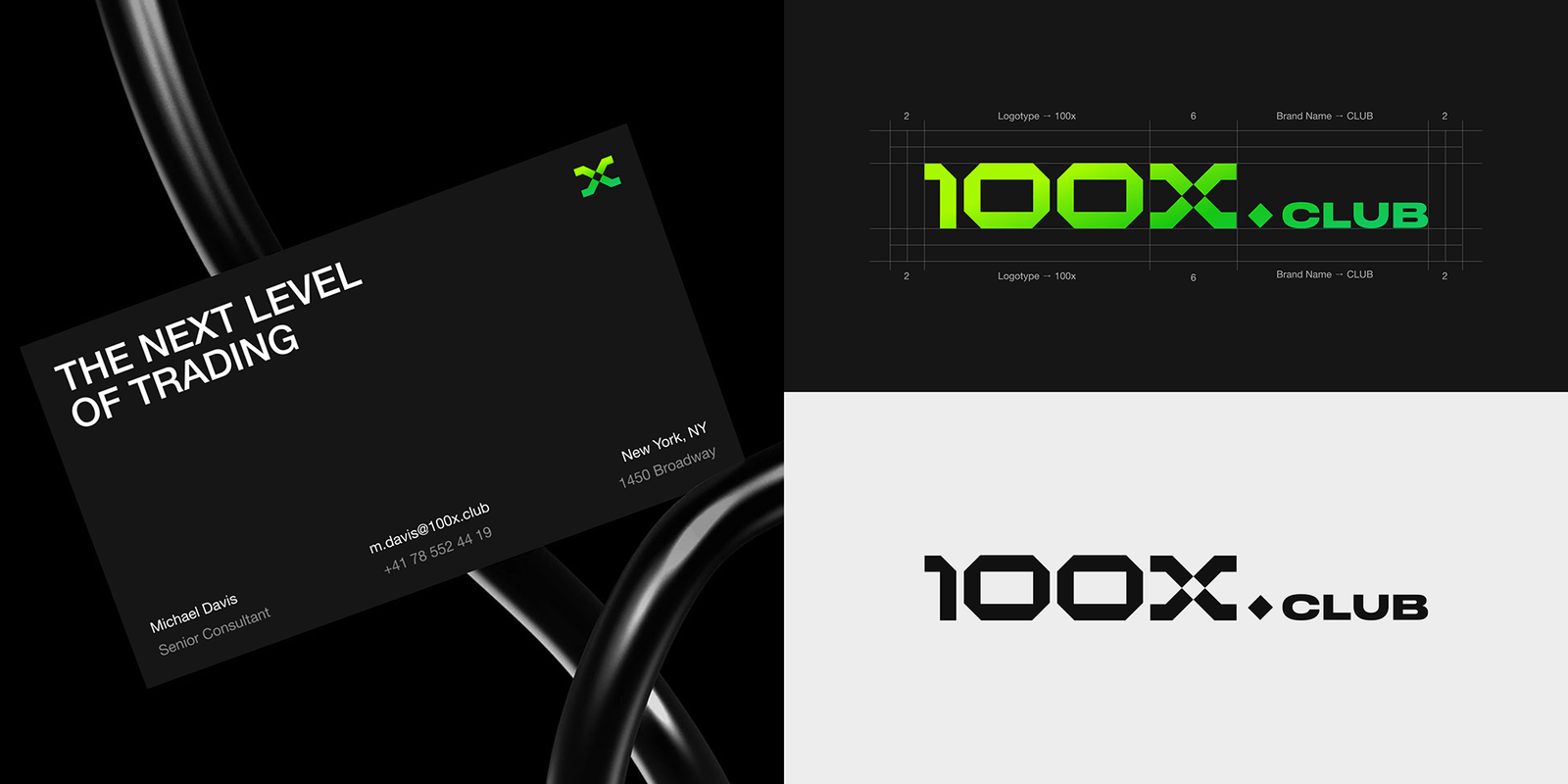 Modern trading brand identity design with business card mockup and 100X Club logo showcasing professional fintech branding